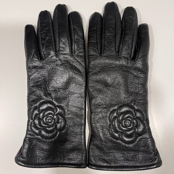 Genuine Leather Gloves with Rose Embroidery - Black - Size S - Picture 1 of 2